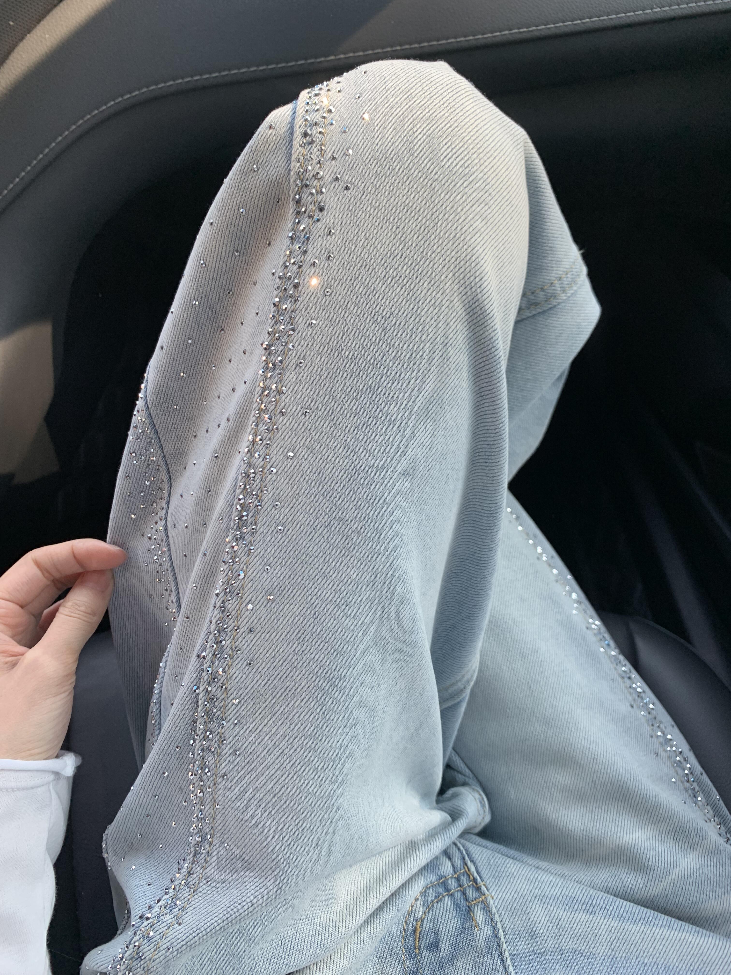 【清仓+运费险】蓝色重工烫钻牛仔裤女高腰直筒宽松阔腿梧桐拖地裤