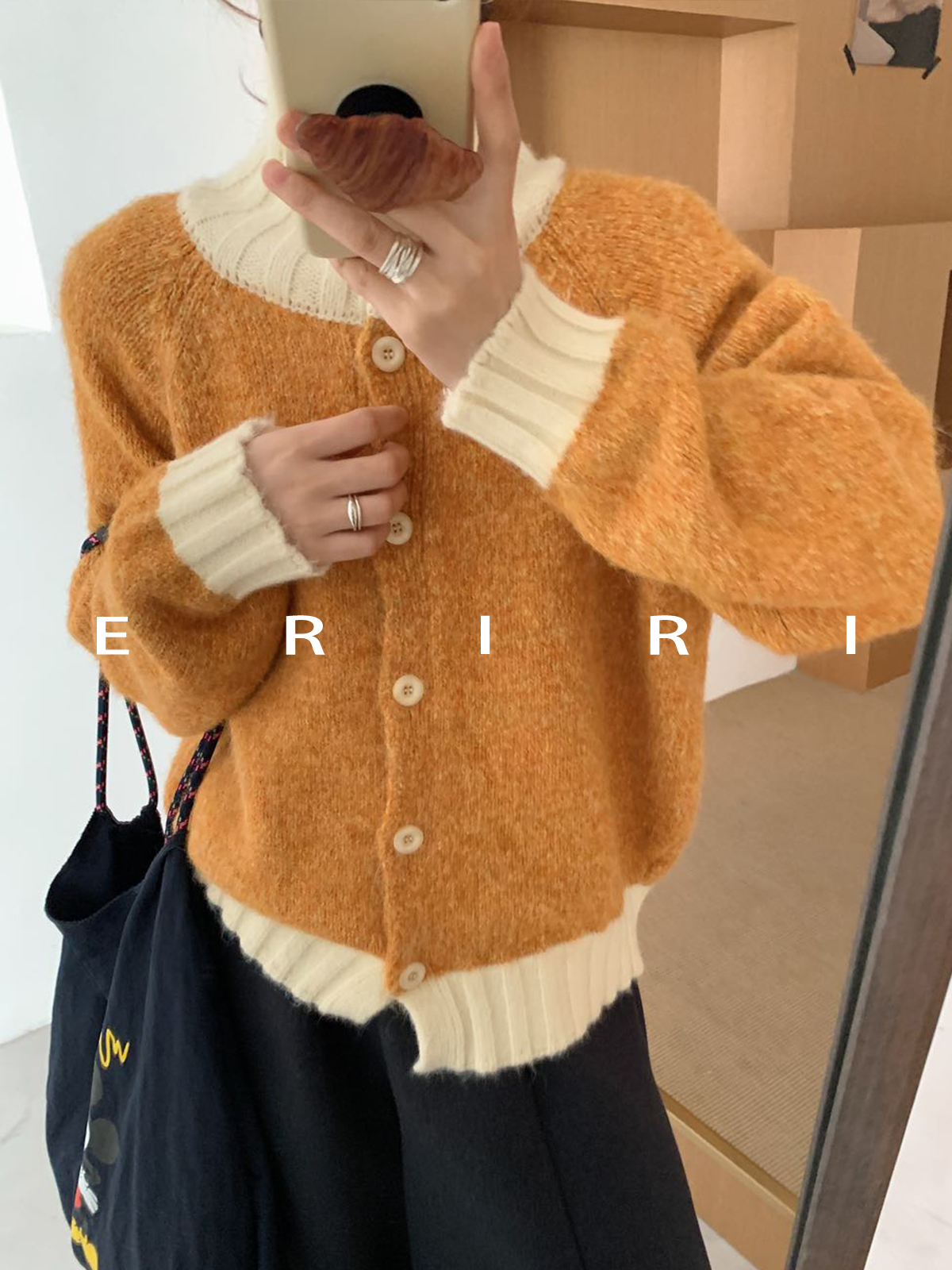 小香风秋冬慵懒风软糯毛衣拼色圆领针织开衫外套上衣女