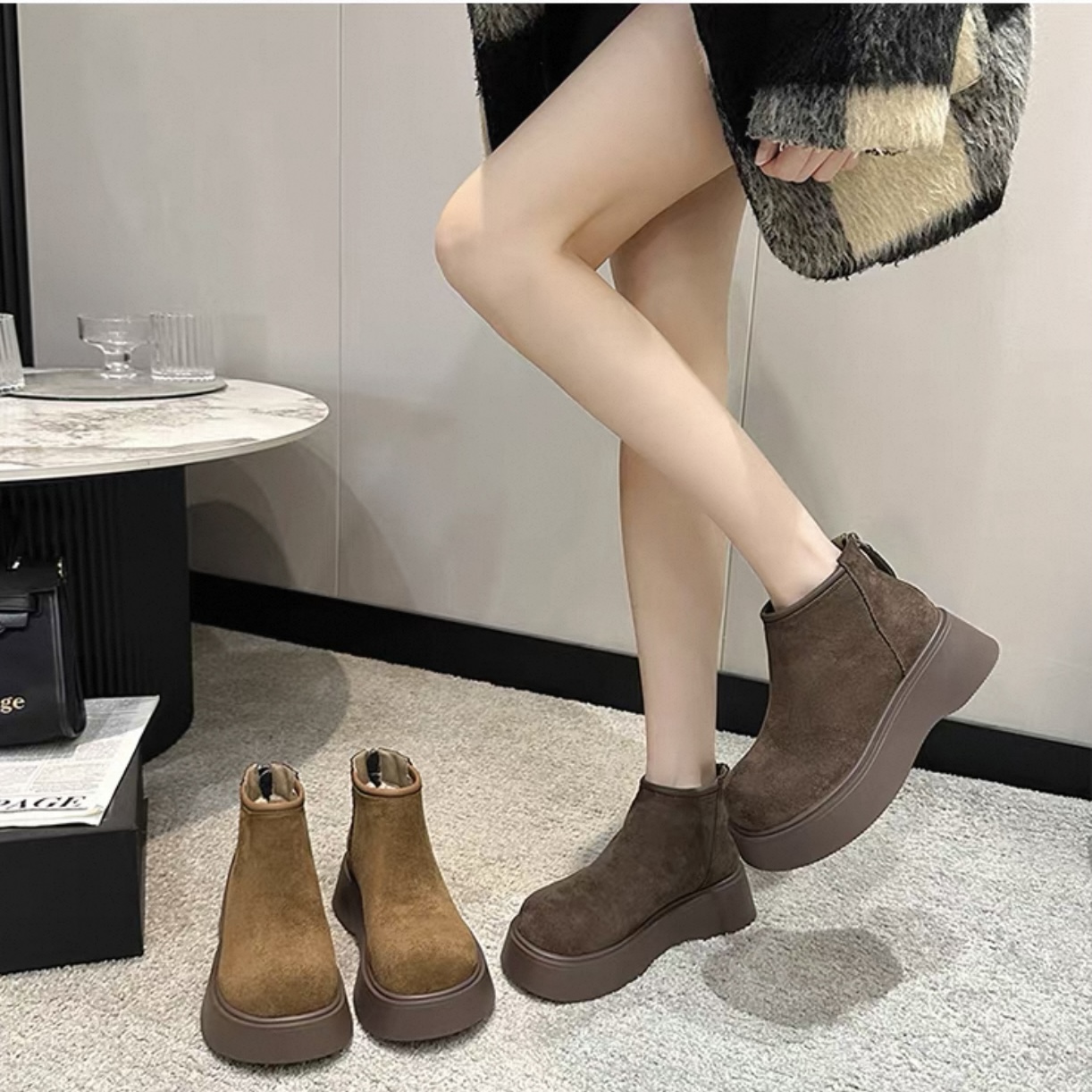 冬季加绒加厚保暖简约厚底增高后拉链短靴勃肯靴松糕底女鞋9901