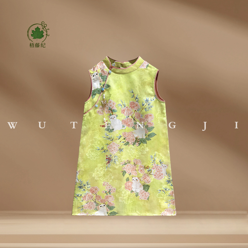 现货【翠峥】【木薯丝】2025夏季新款国风女童萌猫无袖连衣裙25XY099