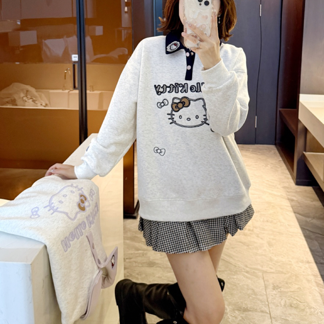 KT翻领加绒加厚长袖卫衣女套头Polo领韩版卫衣宽松休闲百搭女卫衣