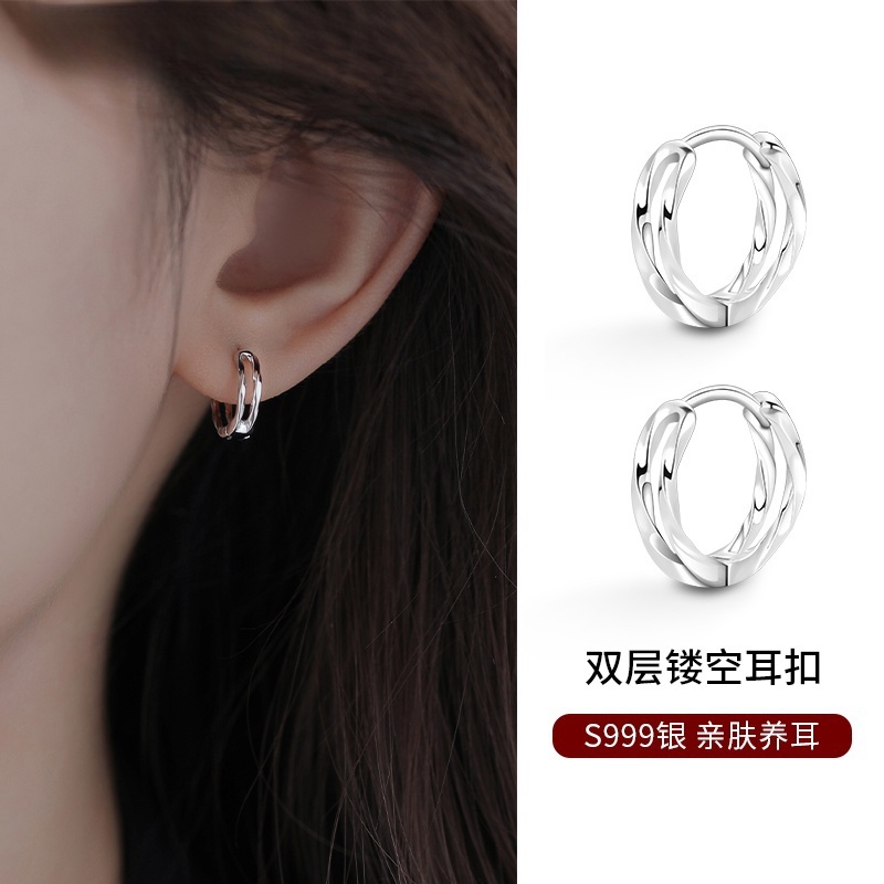 足银耳饰 999足银双层素圈耳扣女小众设计耳环2025款个性简约饰品