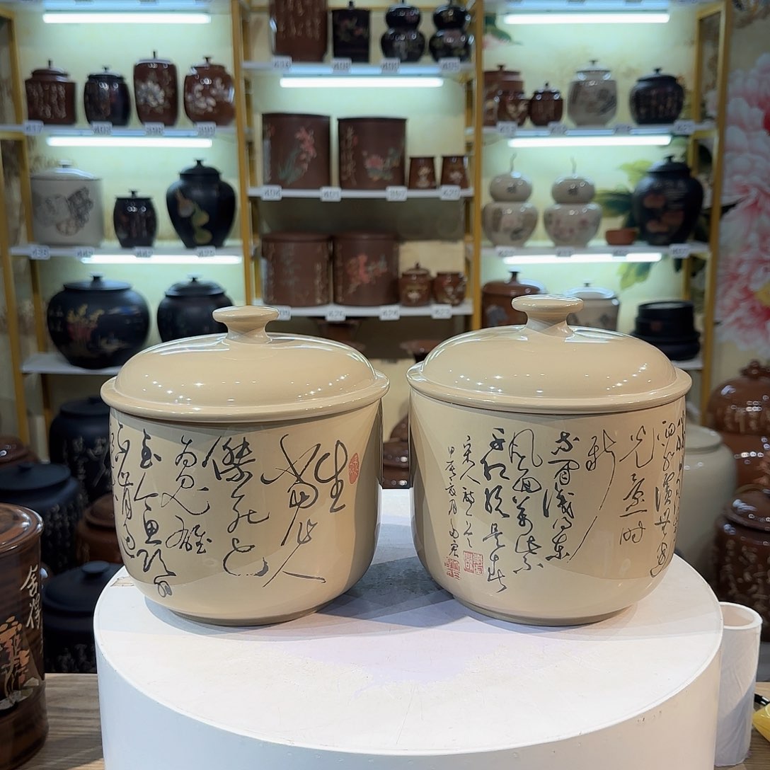 茶***人罐049建水紫陶茶罐一对