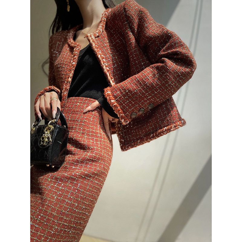 Aconiconi｜京都晚枫 法式复古羊毛粗花呢名媛小香外套半裙套装冬