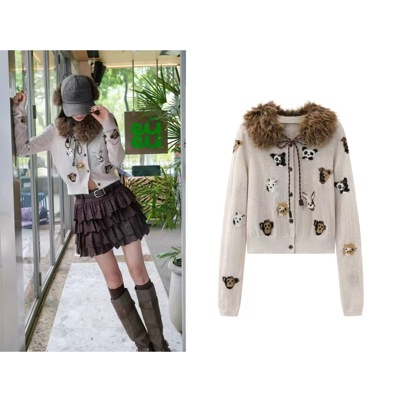 2025冬季新款沈梦辰同款趣味动物提花针织衫带毛领开衫毛衣外套女