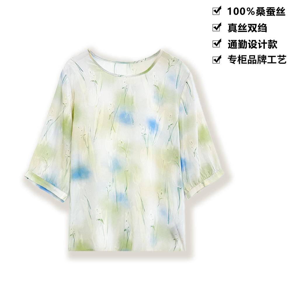 100桑蚕丝T恤真丝双绉朦胧花草印纹桑蚕丝T恤上衣DLXB51