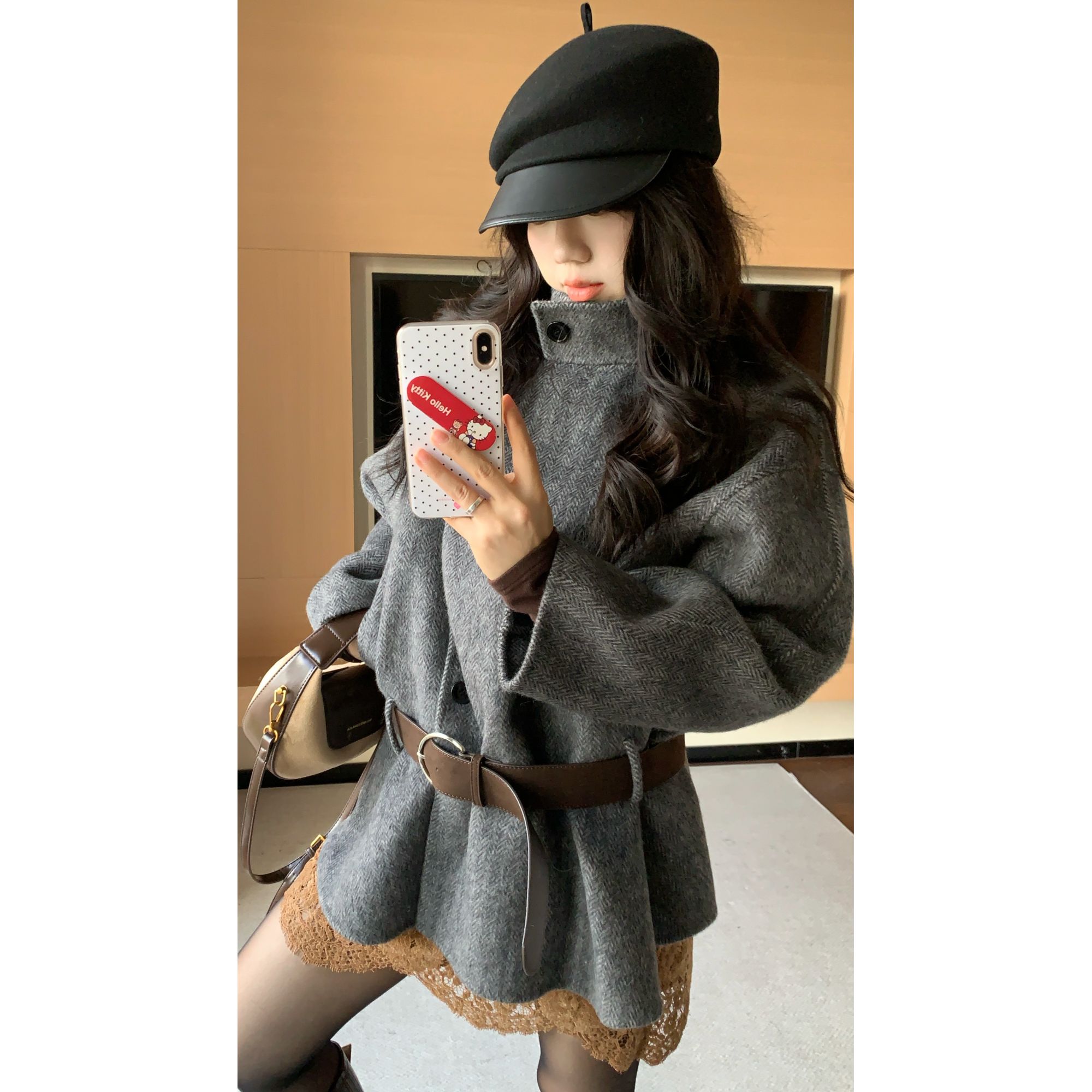 米米子“冬日橡苔”超有质感双面尼中长款外套高级灰气质大衣冬季