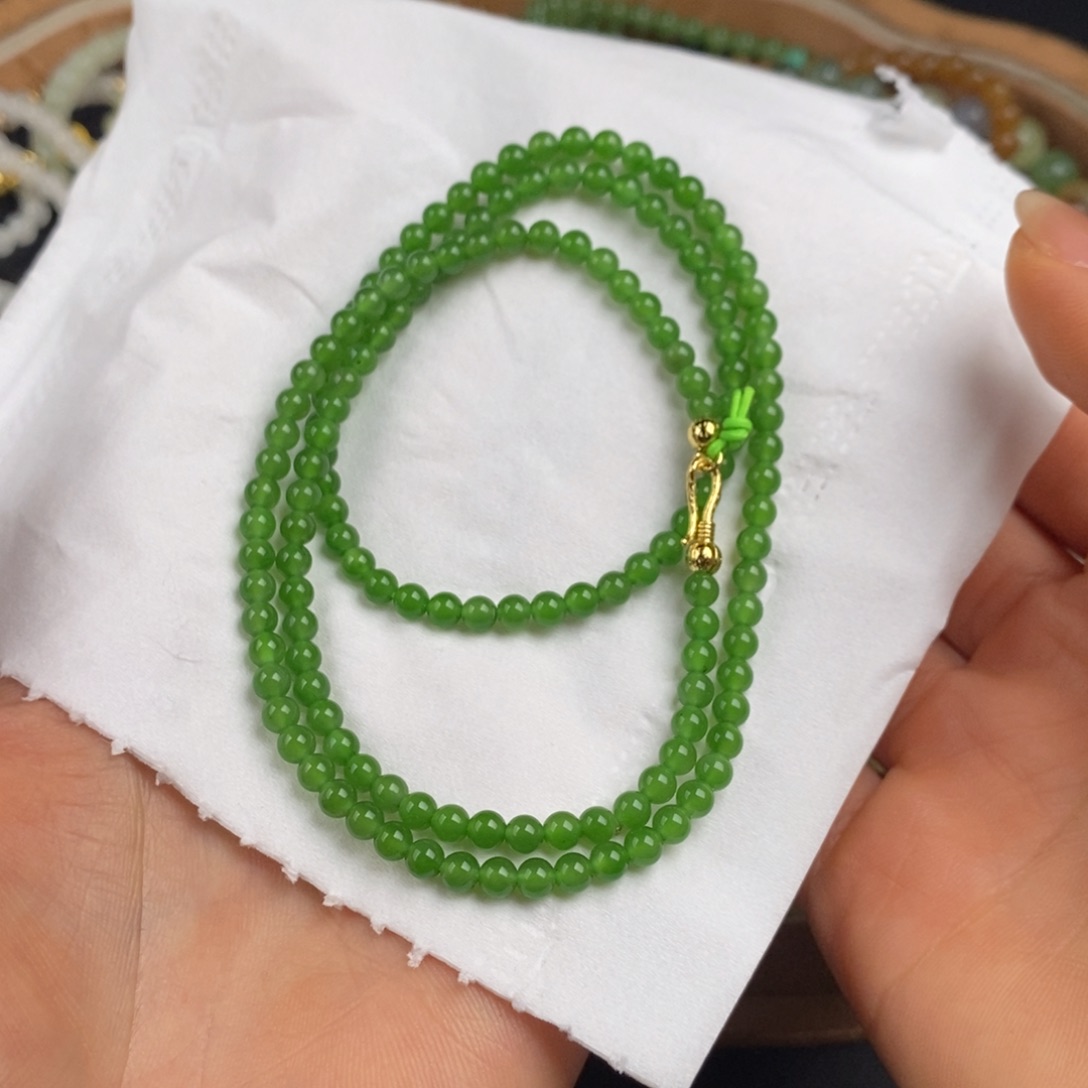 和田玉未镶嵌手串俄碧辣绿多圈4mm