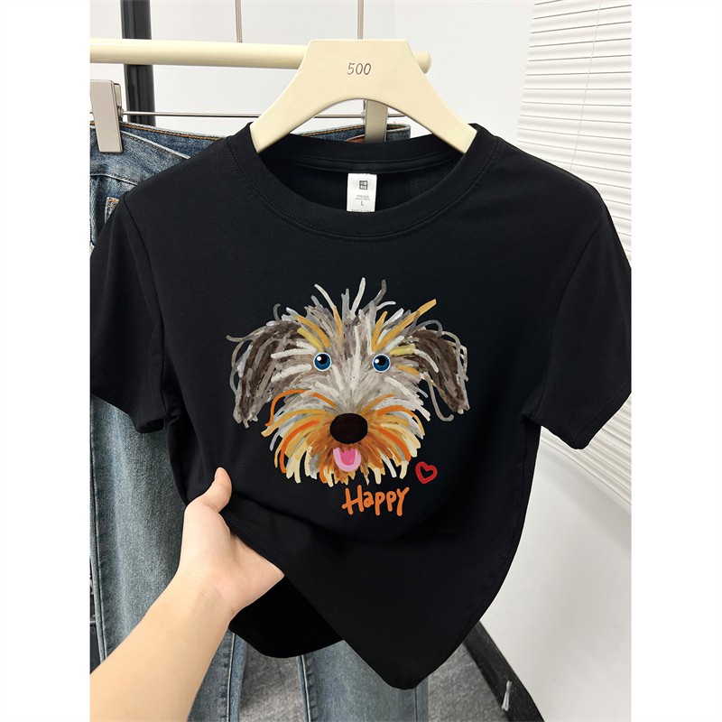 【打打】小狗印花正肩时尚短袖T恤女夏季新款时尚休闲百搭半袖上衣