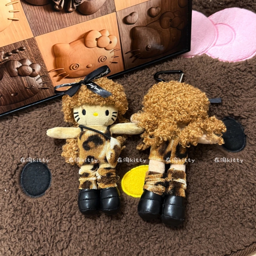 原创diy爆炸头豹纹长腿hellokitty包包挂件挂饰毛绒挂件