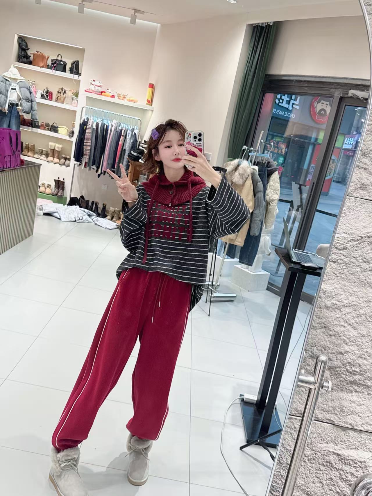 女皇【冬季加绒拼接白边显瘦束脚休闲】卫裤