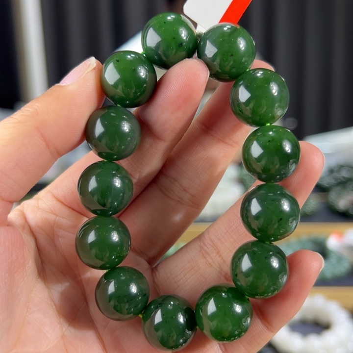 和田玉手串未镶嵌俄罗斯碧玉菠菜绿卡16圆珠