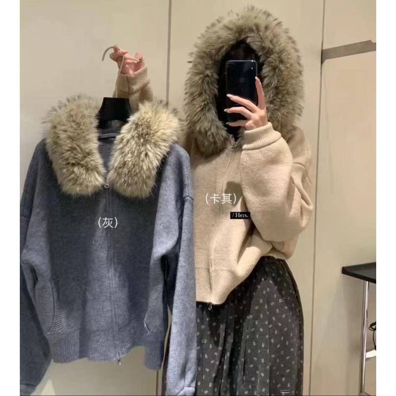 7112号1099#秋冬百搭休闲显瘦连帽拉链口袋毛衣外套（毛领可拆）