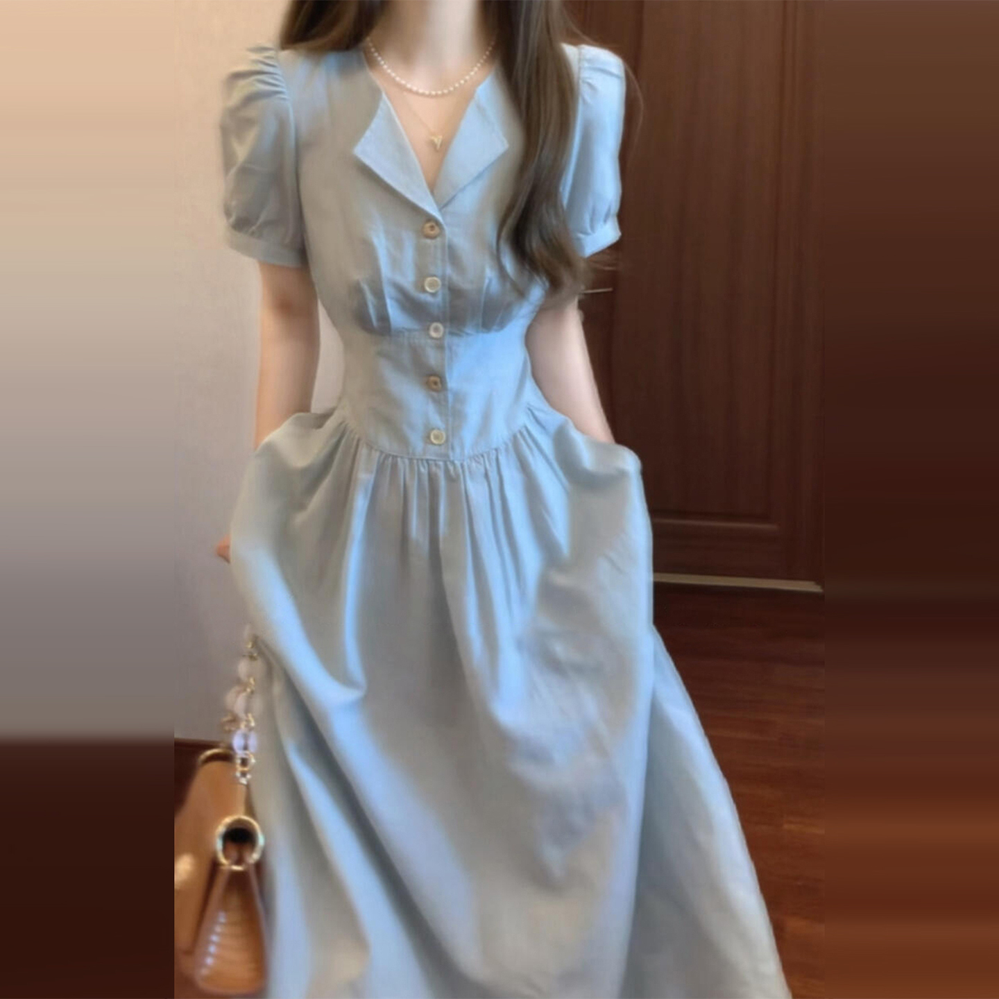 5165蓝色连衣裙子女夏季2025新款夏天巨好看的掐腰长裙小众不撞款