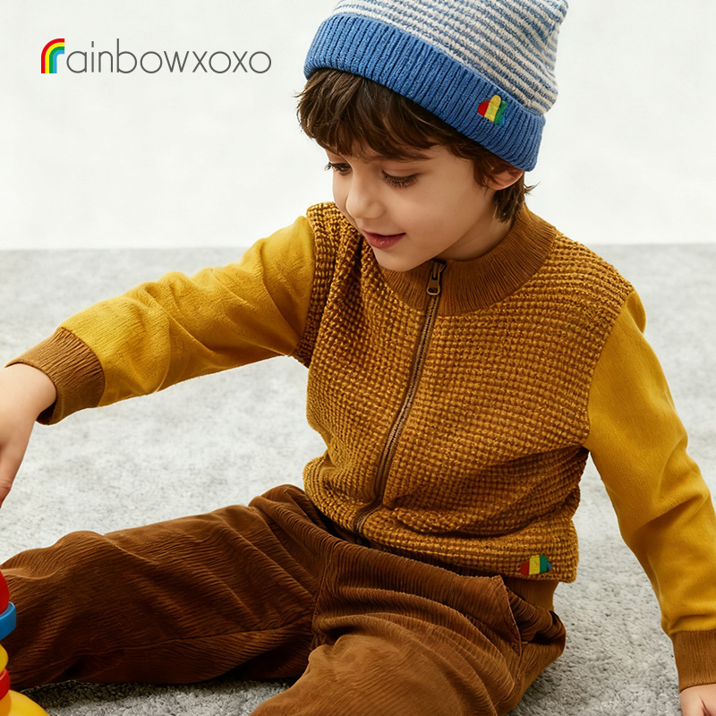 rainbowxoxo秋冬新品男女童撞色圆领针织衫休闲上衣RMK-2001K