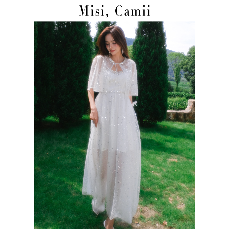 Misi,Camii女士钻饰钉珠绑带高级感优雅小坎肩上衣配裙子披肩外套