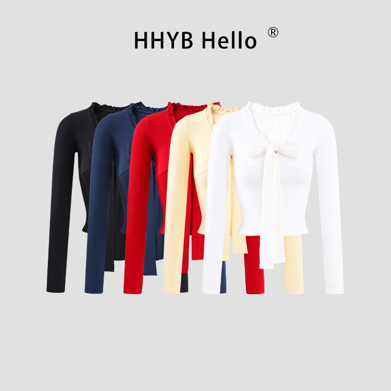 HHYB Hello木耳边V领蝴蝶结系带修身弹力长袖T恤上衣女250907
