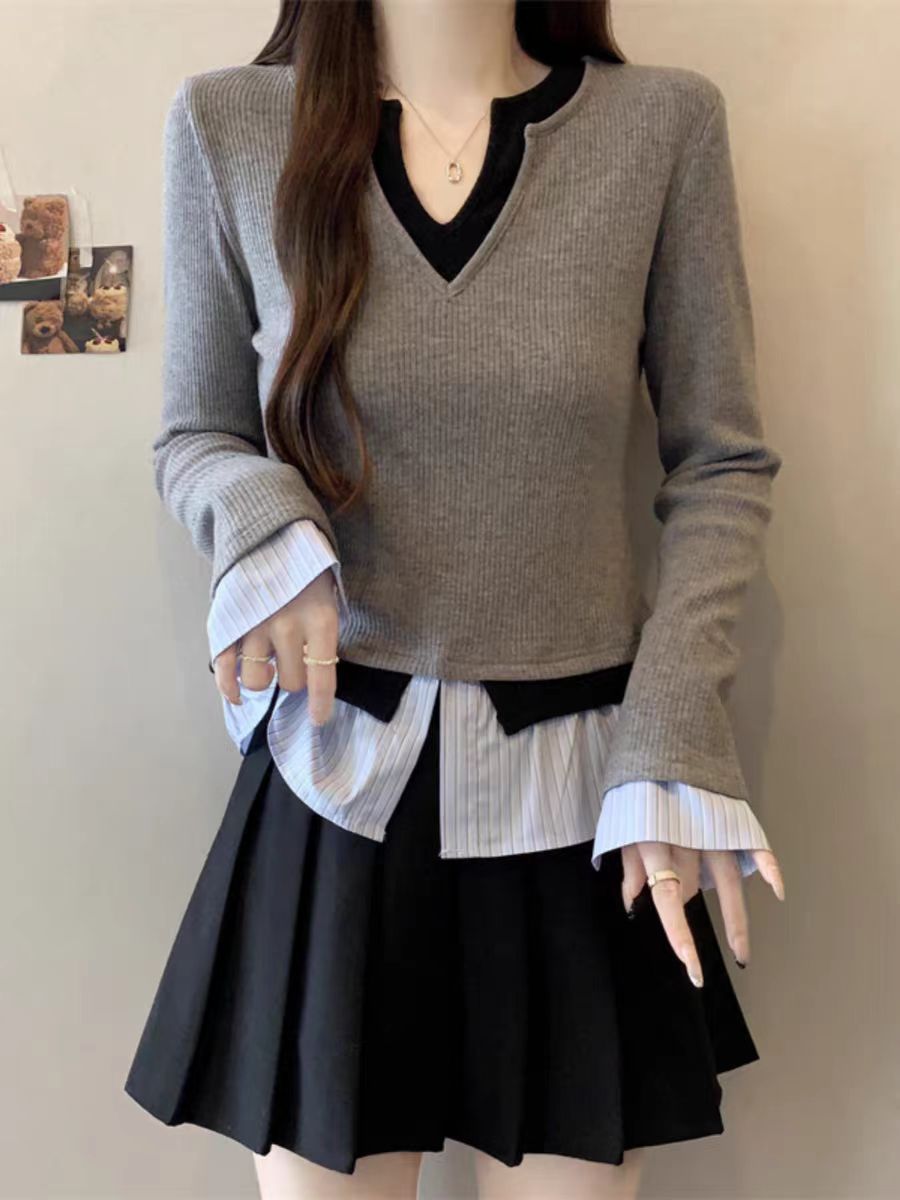 【1021 针织】V领毛衫常规款拼接针织长袖修身网红