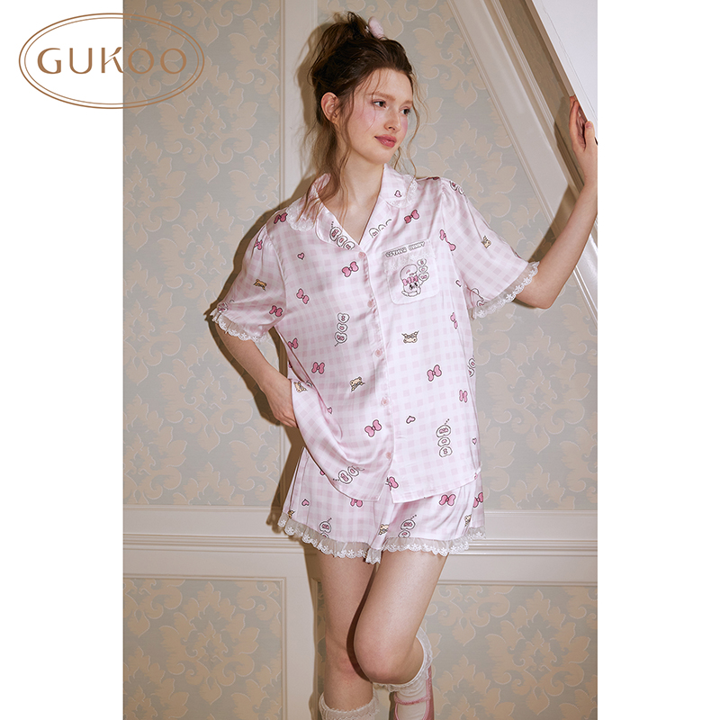 Gukoo果壳夏季艾丝乐小兔格纹家居服睡衣女套装宽松