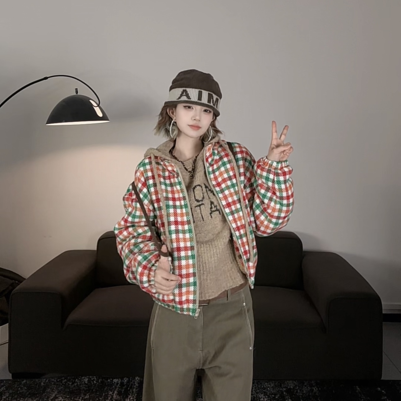 25冬季新款氛围感彩色格子羊羔毛外套#6333