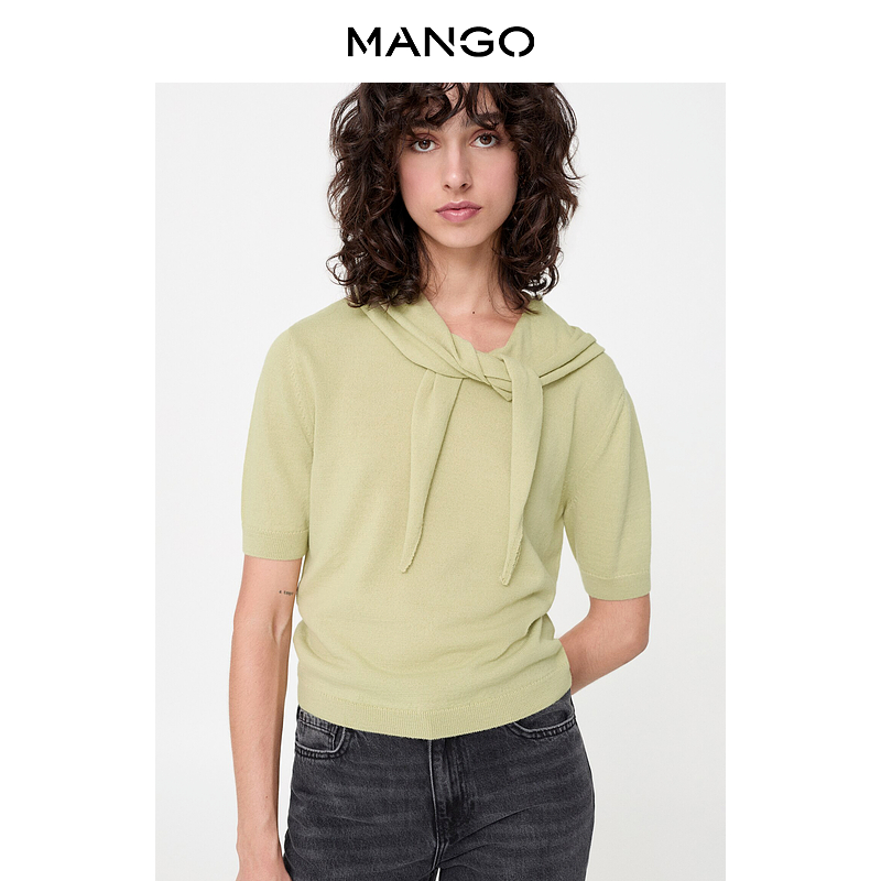 MANGO女装毛针织衫2025秋装新款可脱卸围巾领时髦短袖羊毛针织T恤