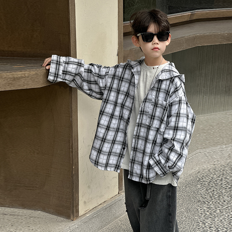 男童格子衬衫2025春季新款儿童韩版洋气连帽上衣中小童外穿衣服潮