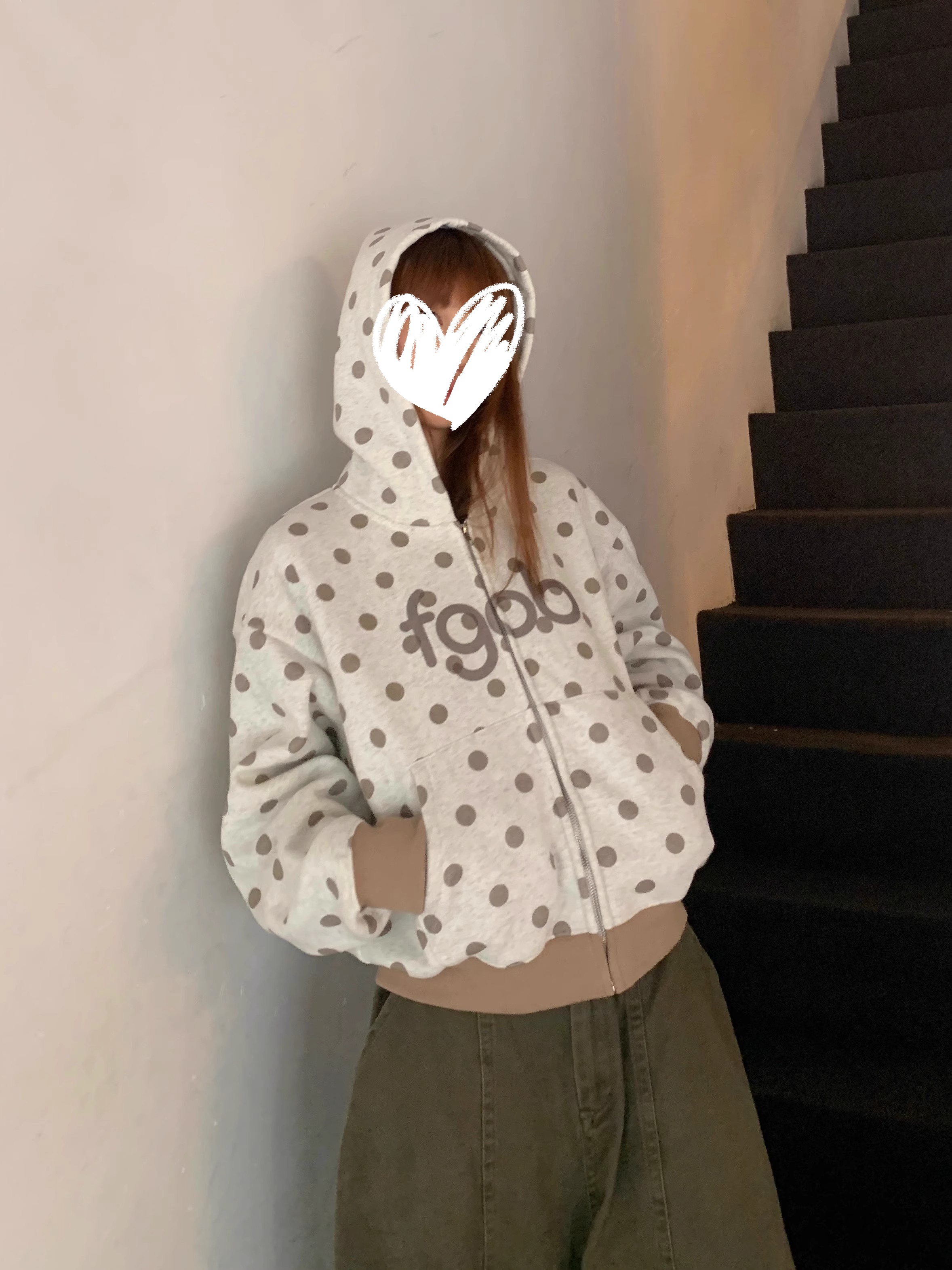 美式辣妹波点字母连帽开衫卫衣女春秋设计感宽松oversize百搭外套