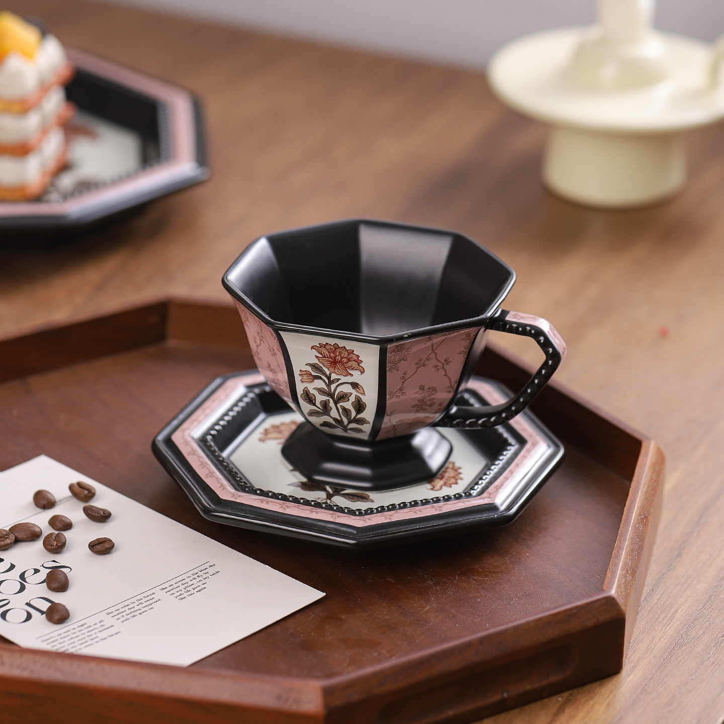 牡丹八角中式复古马克杯陶瓷杯碟套装高颜值咖啡杯水杯子东方美学