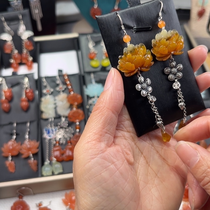 蛇纹石玉耳饰银S925镶嵌