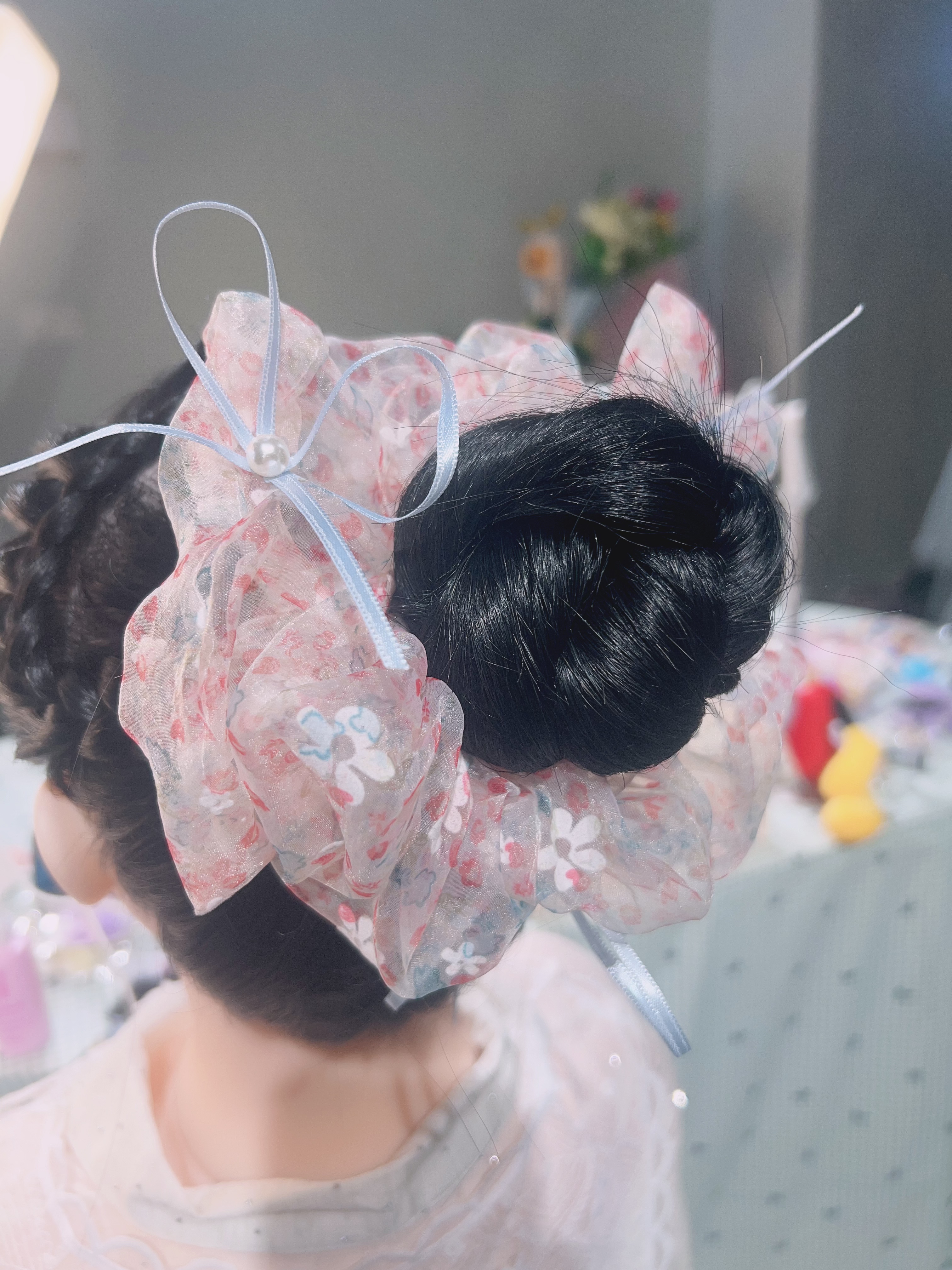 柔软泡泡纱粉色碎花发圈头饰清新可爱女生