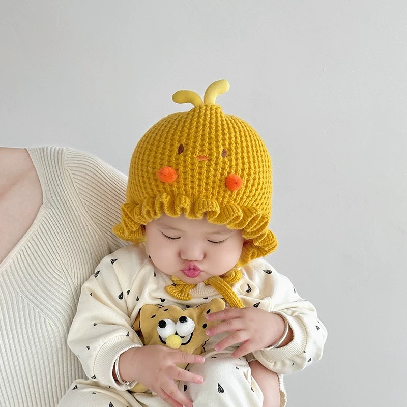 婴儿帽子秋冬季保暖加厚护耳毛线帽男女宝宝可爱小月龄系带针织帽