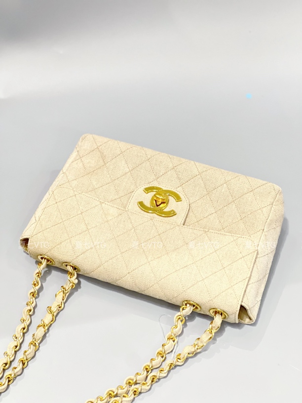 95新 Chanel/香奈儿 夏七中古/亚麻金扣贝嫂30/单肩包
