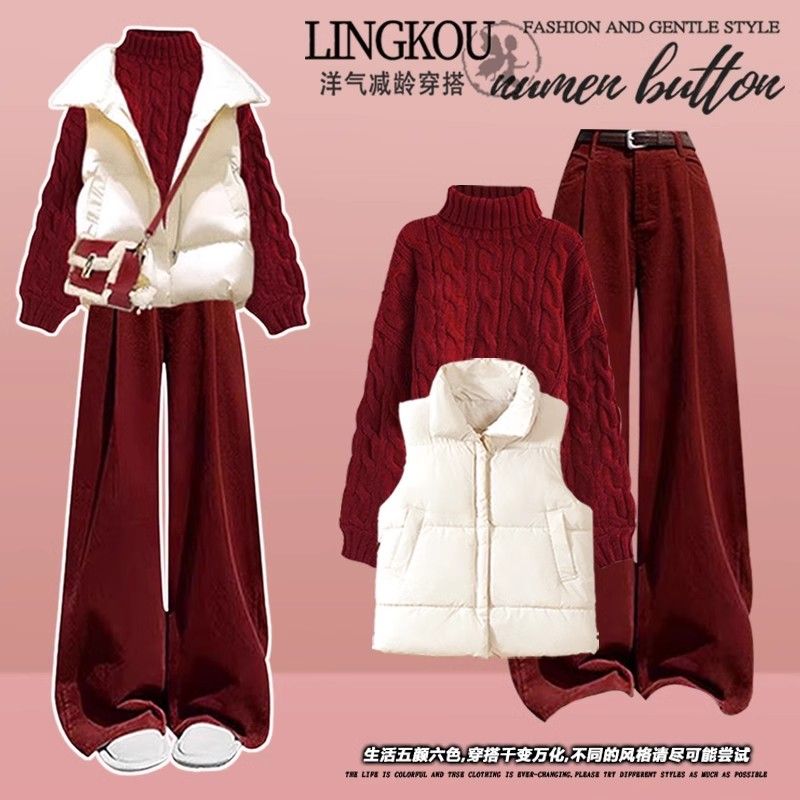 2025冬季高级感套装女新年红色针织毛衣棉服马甲外套休闲裤三件套
