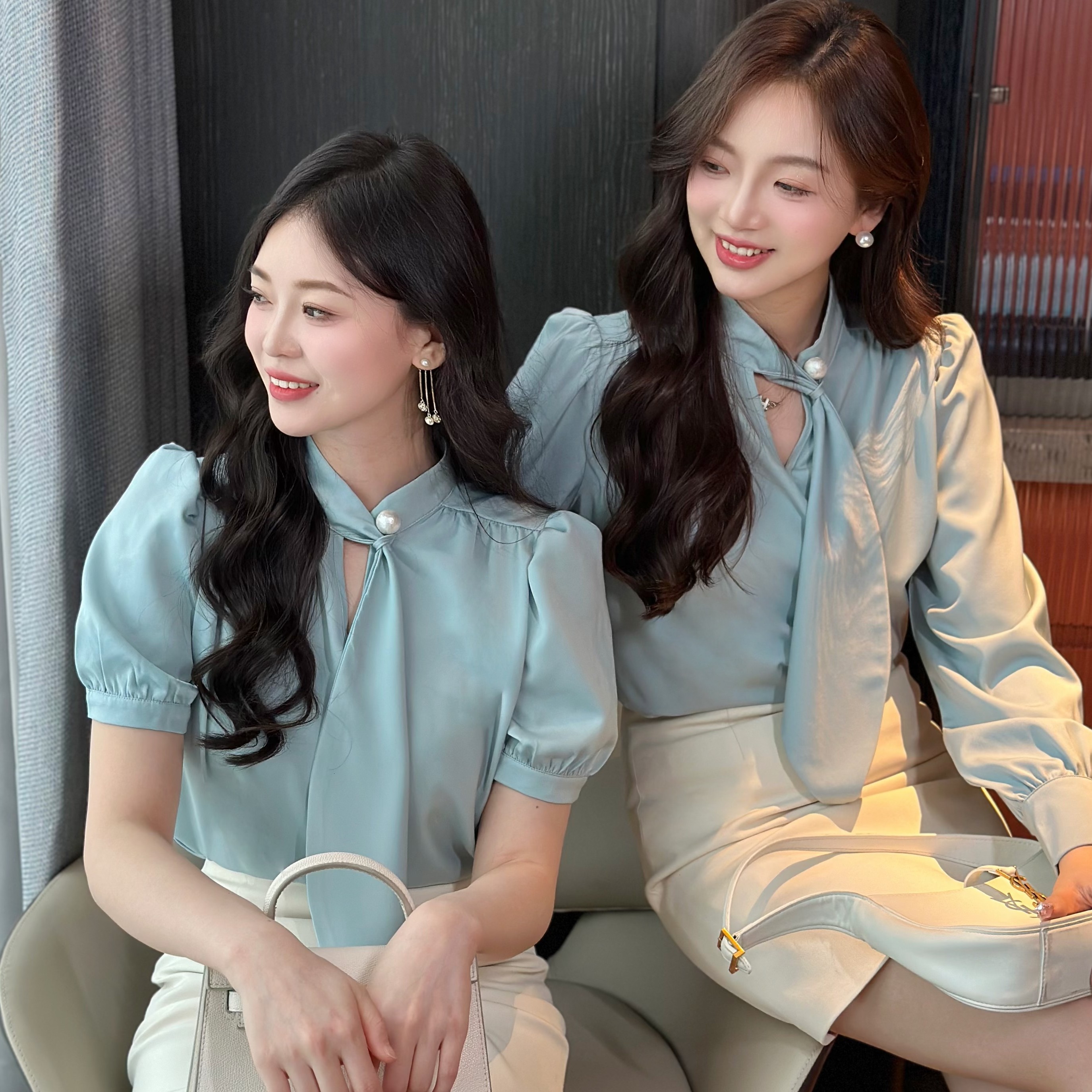 【飘带衬衫】春夏秋长袖短袖气质小众泡泡袖多巴胺服装女衬衣1835