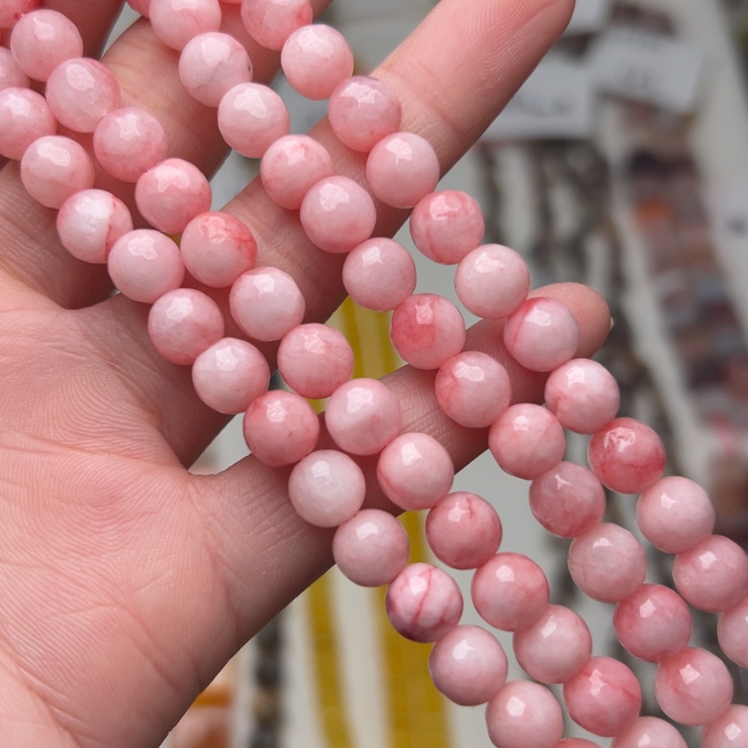 玛瑙/玉髓合金珠宝半成品K602。8mm粉澳宝玉刻面圆珠一条