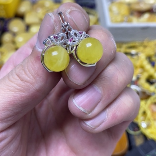 蜜蜡裸石银S925镶嵌耳坠