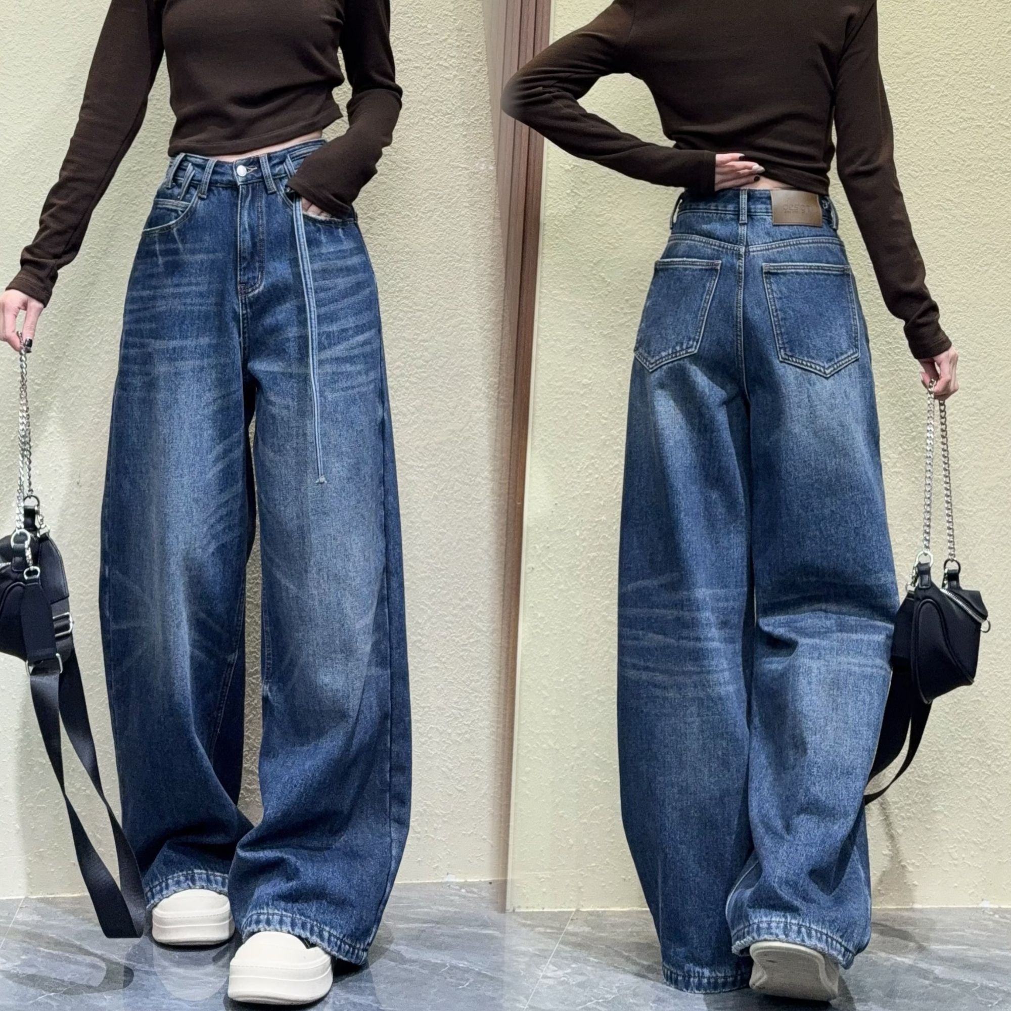 欧货2025秋百搭高腰显瘦直筒加绒牛仔裤女宽松休闲阔腿裤子潮3598