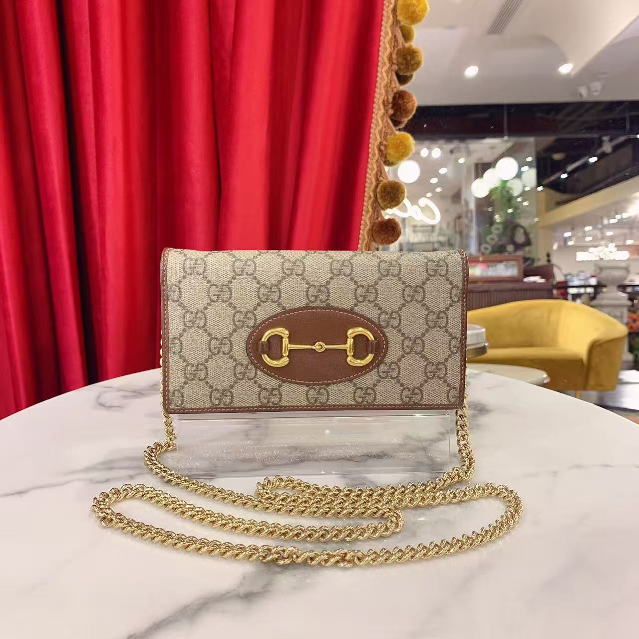 95新 GUCCI/古驰 GGS1955马衔扣woc焦糖色金扣链条包25826258