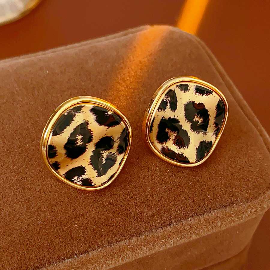 925银耳饰 秋冬银针圆形豹纹复古欧美小众设计感美拉德风菱形百搭