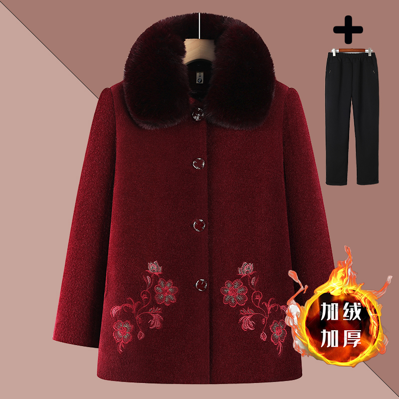 中老年女装加绒外套中老年中长款保暖大衣妈妈装毛呢加厚冬季