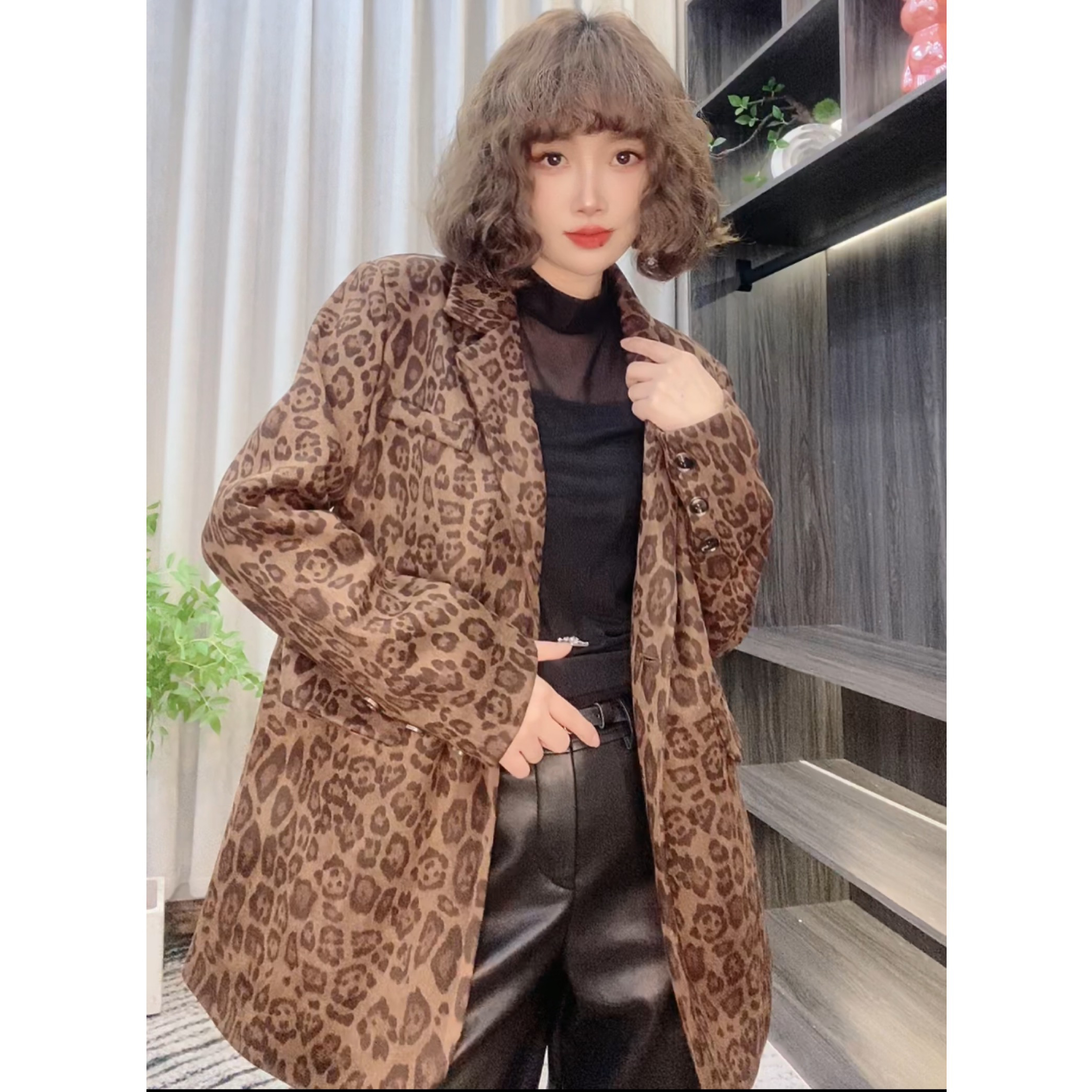 欧货爆单款时尚豹纹西服外套2025春秋新款中长款上衣