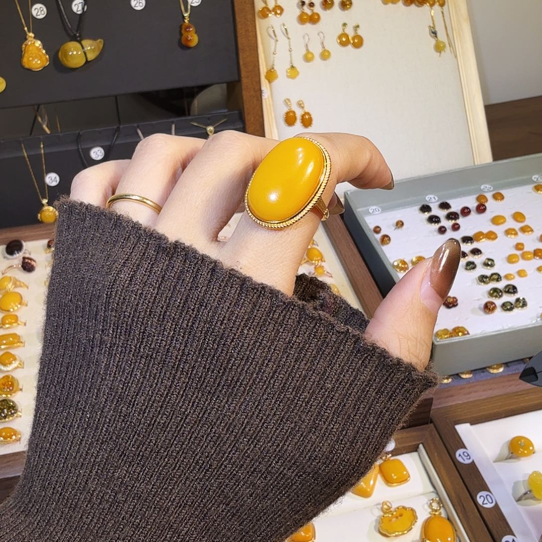 蜜蜡银S925镀金镶嵌戒指