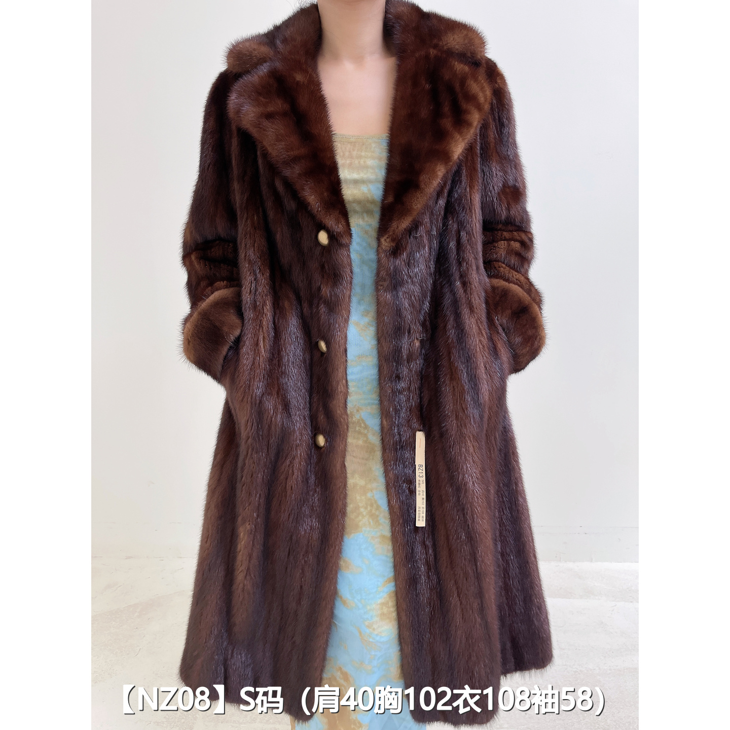 【NZ08】M 焦糖棕超长款全抽貂皮大衣外套女 西装领挽袖 24008