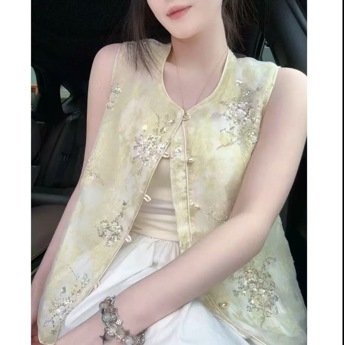 4615 刺绣薄款圆领透气亮片马甲女马夹百搭中国风外搭 F29