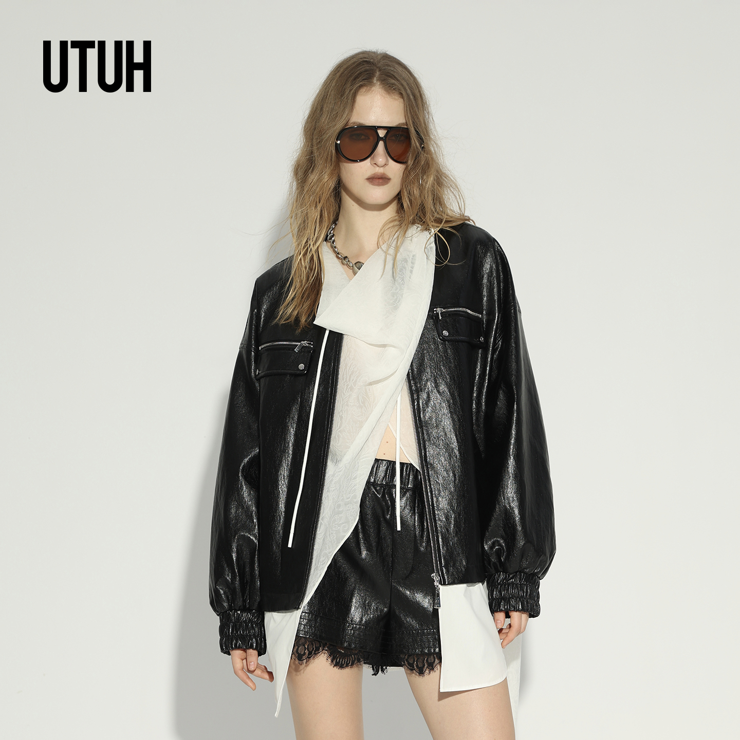 UTUH黑色假两件慵懒风短外套微皱PU皮秋冬新款配：搭片 TDWWA2W342