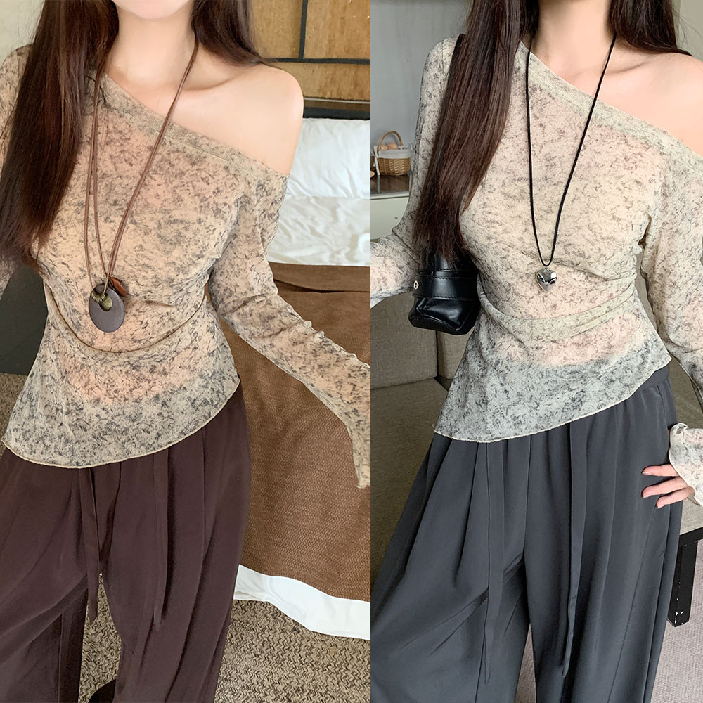 斜肩木耳花边袖口下摆设计网纱高级感早秋上衣T恤3722