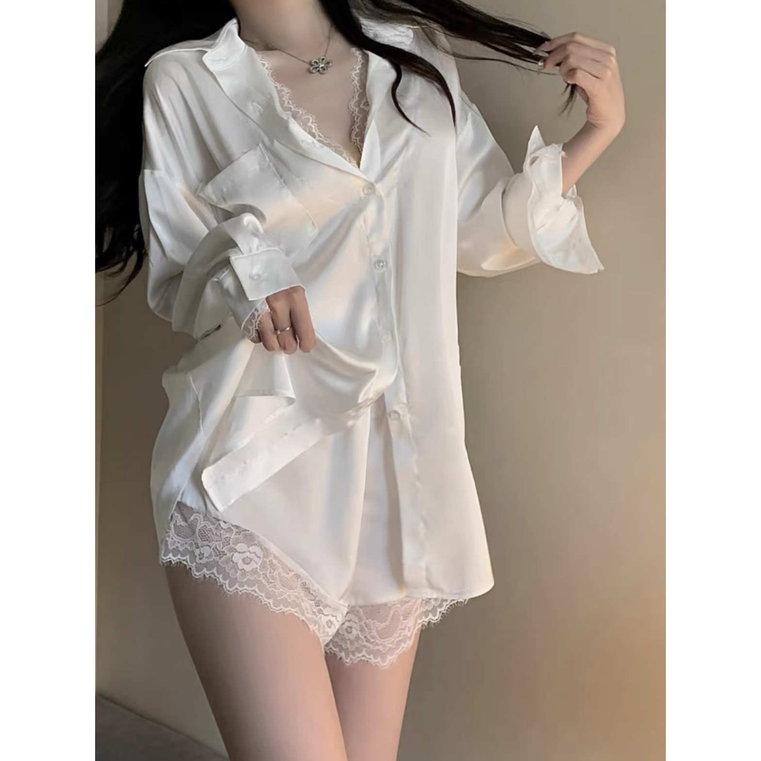 〈白色恋人〉简约风白色假两件蕾丝拼接衬衫短裤家居服两件套