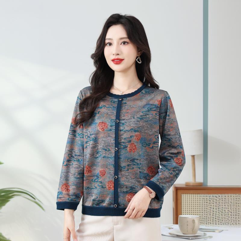 妈妈春秋装中年人打底针织衫女圆领