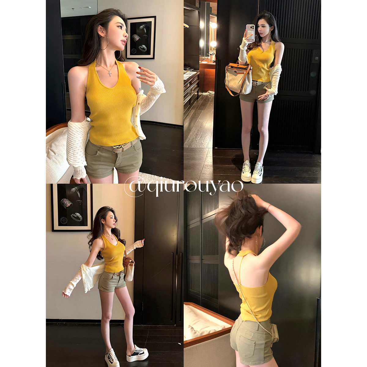 【QIUROUYAO邱肉瑶】阳光追随者*勾塑直角肩挂脖针织上衣