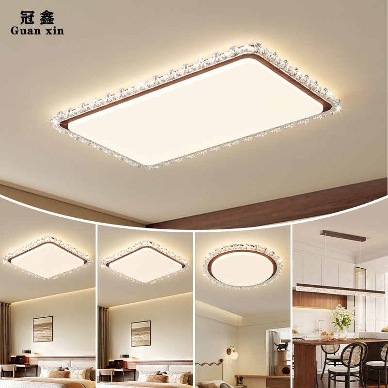 中古风卧室灯吸顶灯圆形美式复古护眼房间主卧灯木纹色书房灯